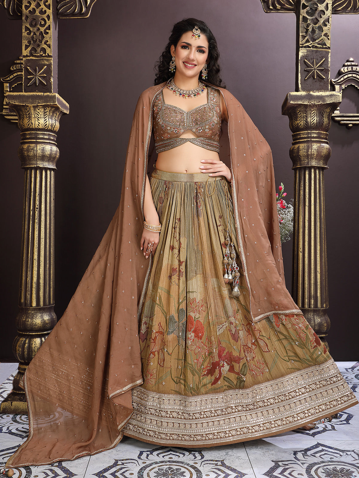 Mehendi green chiffon lehenga choli with mirror detailing