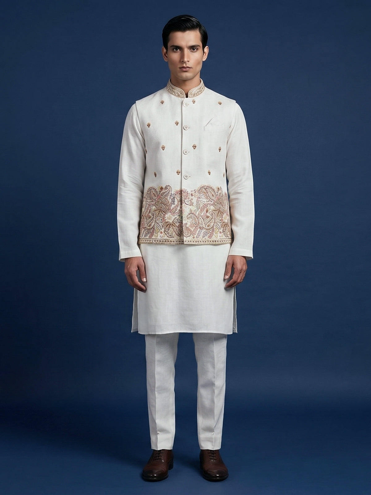 Off white silk embroidered elegant festive waistcoat set