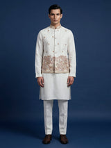 Off white silk embroidered elegant festive waistcoat set