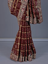 Maroon pure cotton gharchola saree saree with peacock art and bandhej patterns