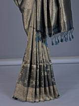 Grey tissue silk saree with refined butti and detailed pallu