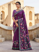 Purple tusser silk saree with graceful bird threadwork detailing