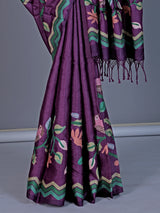Purple tusser silk saree with graceful bird threadwork detailing