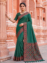 Deep green tusser silk saree with intricate animal motif artistry