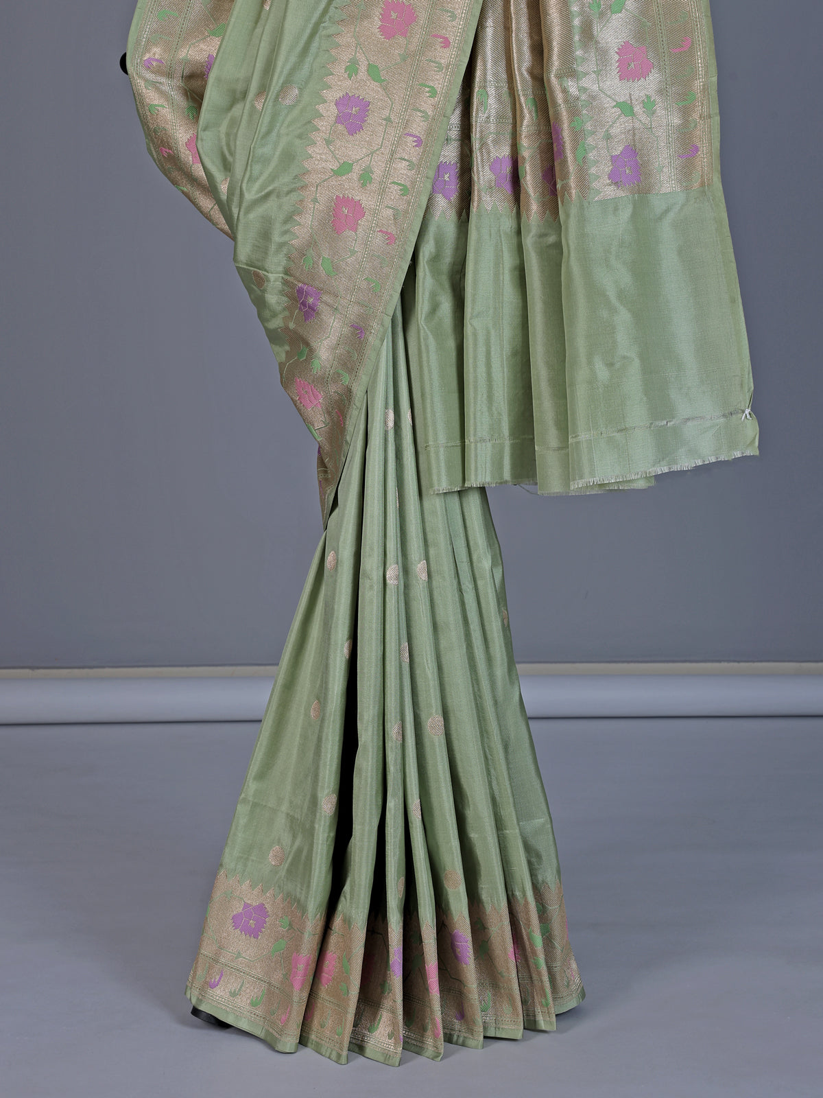 Pista green pure banarasi silk saree with delicate floral butti elegance