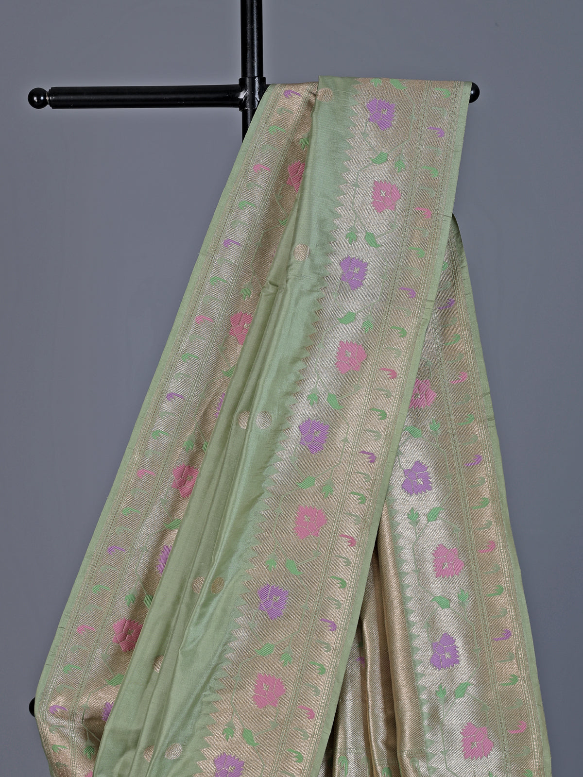 Pista green pure banarasi silk saree with delicate floral butti elegance
