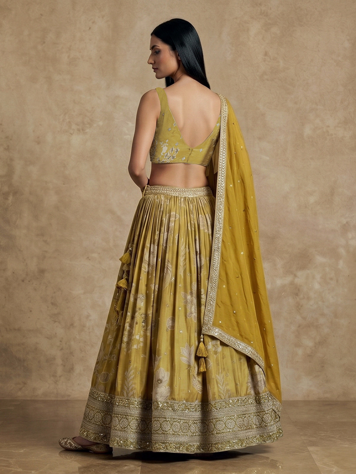 Mehendi yellow georgette silk heavy embroidered lehenga choli