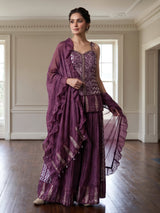 Dark purple chiffon silk palazzo suit with zardosi
