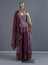 Dark purple chiffon silk palazzo suit with zardosi