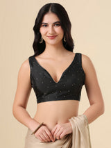 Black taffeta silk zari woven blouse with sleeveless design