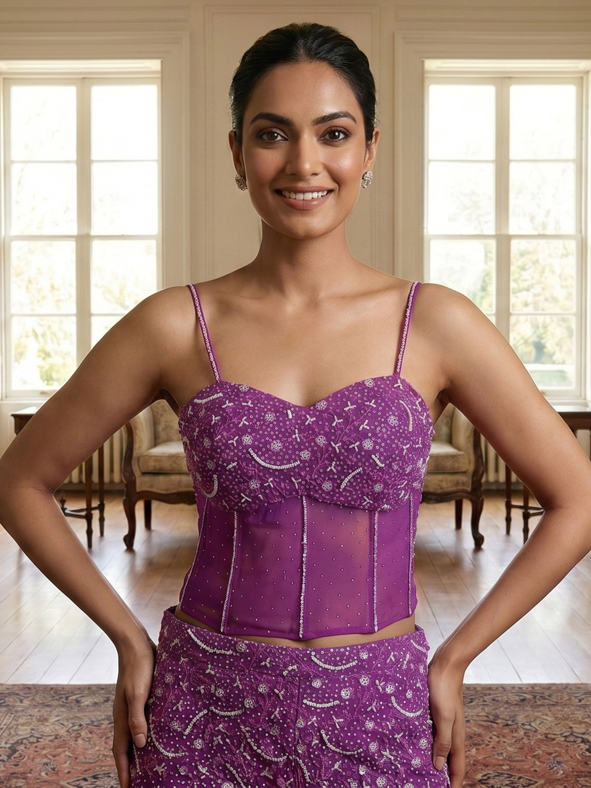 Purple georgette palazzo suit with ruffle dupatta