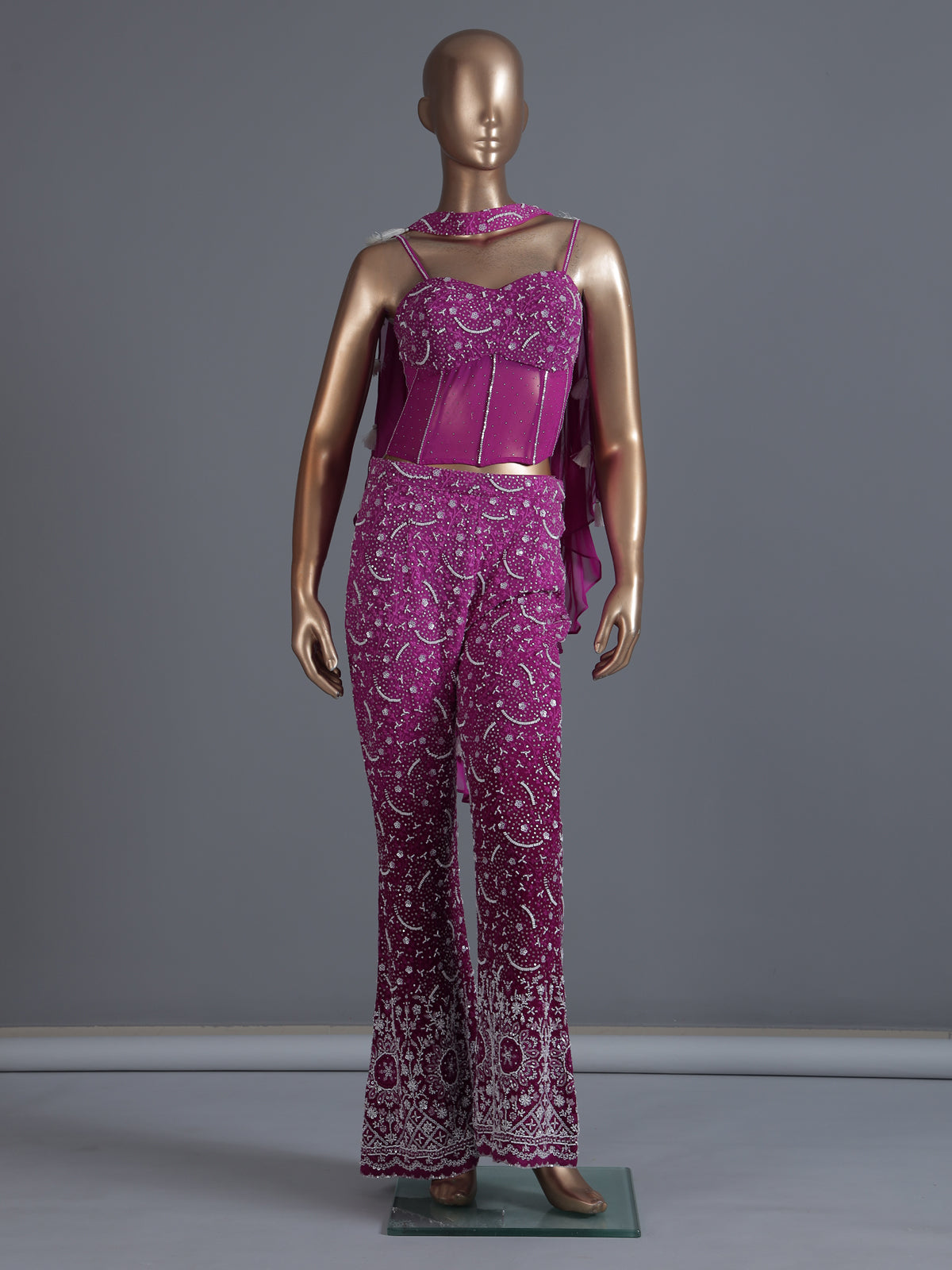 Purple georgette palazzo suit with ruffle dupatta