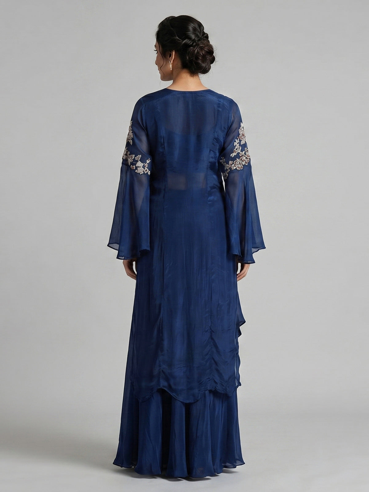 Blue crepe silk indowestern suit with zardosi work