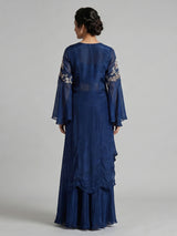 Blue crepe silk indowestern suit with zardosi work