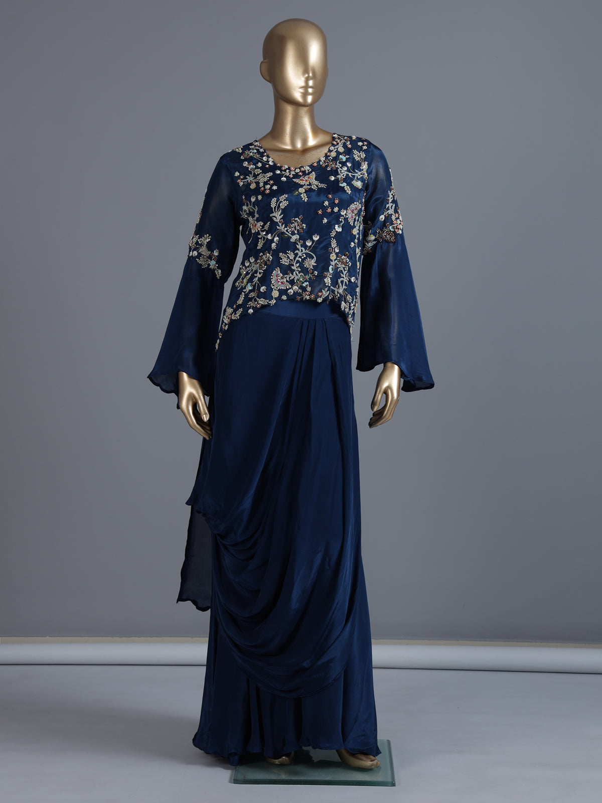Blue crepe silk indowestern suit with zardosi work