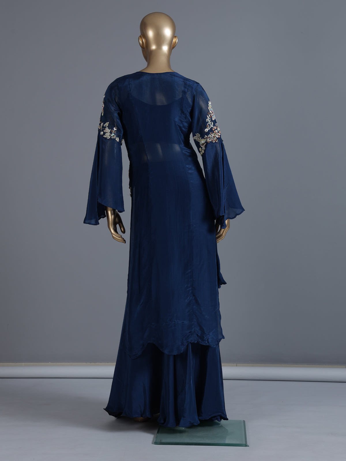 Blue crepe silk indowestern suit with zardosi work