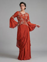 Orange crepe silk indowestern suit with detailed work