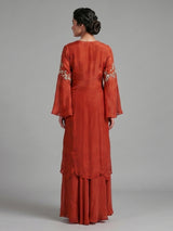 Orange crepe silk indowestern suit with detailed work