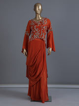Orange crepe silk indowestern suit with detailed work
