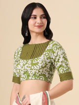 Olive cotton printed blouse with round neck