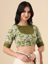 Olive cotton printed blouse with round neck