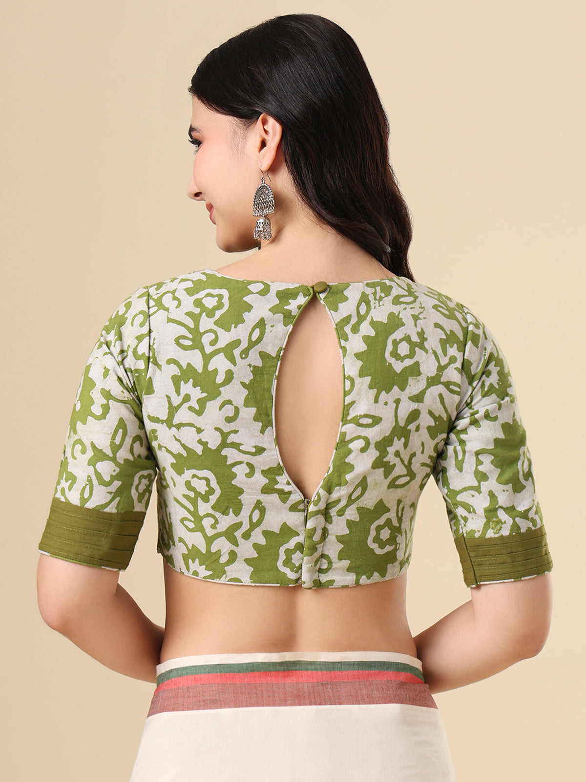 Olive cotton printed blouse with round neck