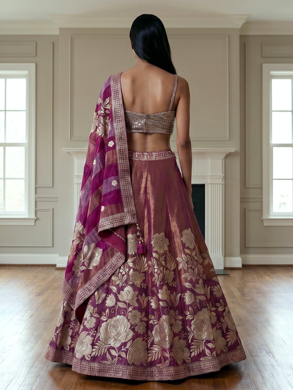 Purple peach silk lehenga choli with floral motifs