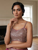 Purple peach silk lehenga choli with floral motifs