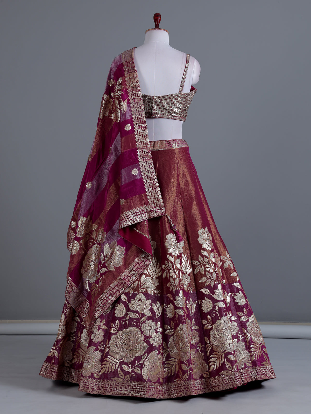Purple peach silk lehenga choli with floral motifs
