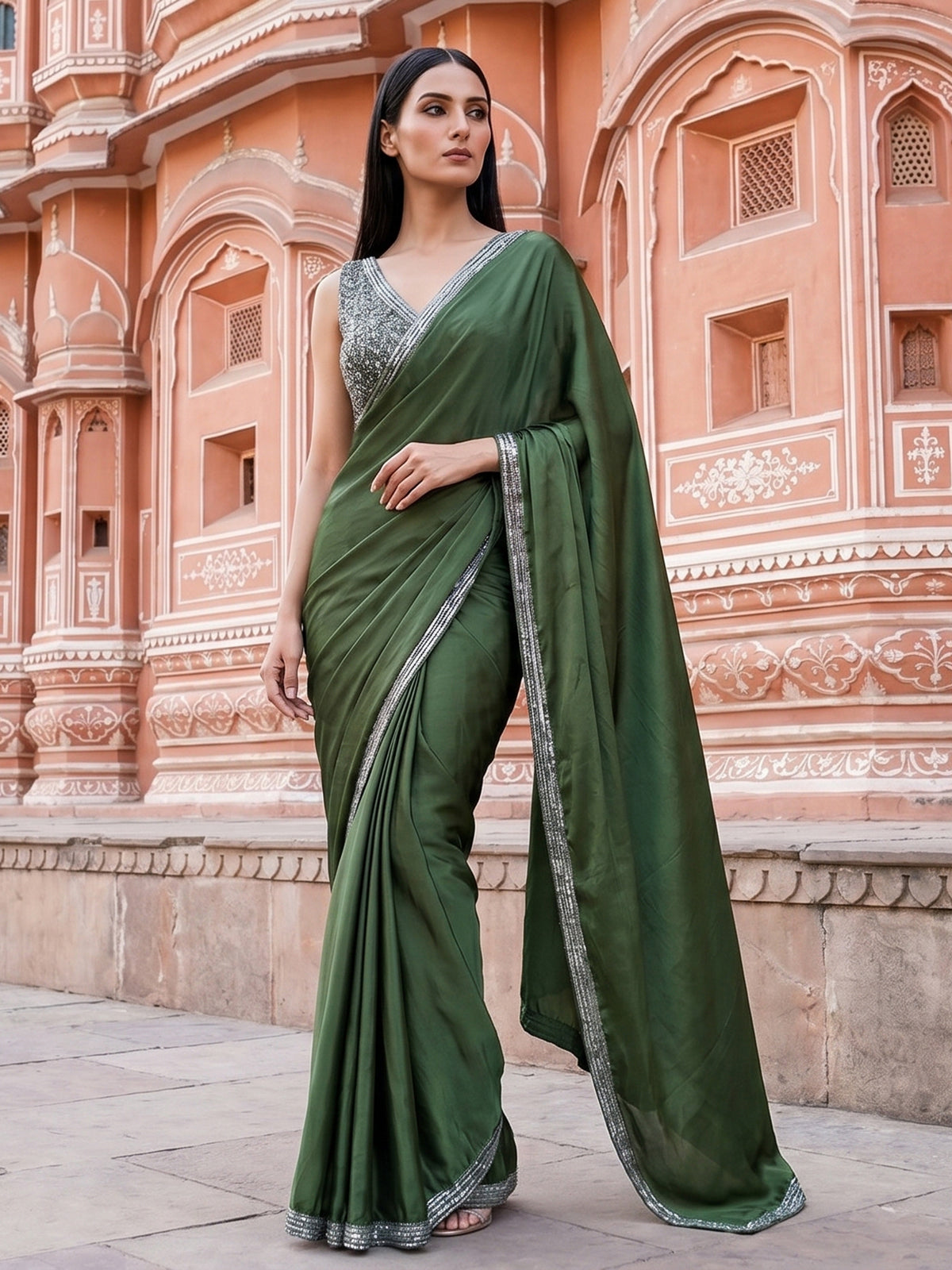 Green satin silk ready to wear saree with tassel work