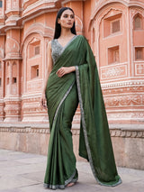 Green satin silk ready to wear saree with tassel work
