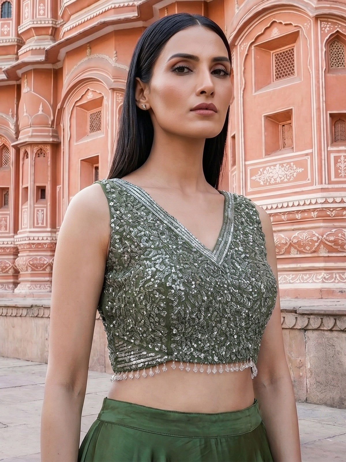 Green satin silk ready to wear saree with tassel work