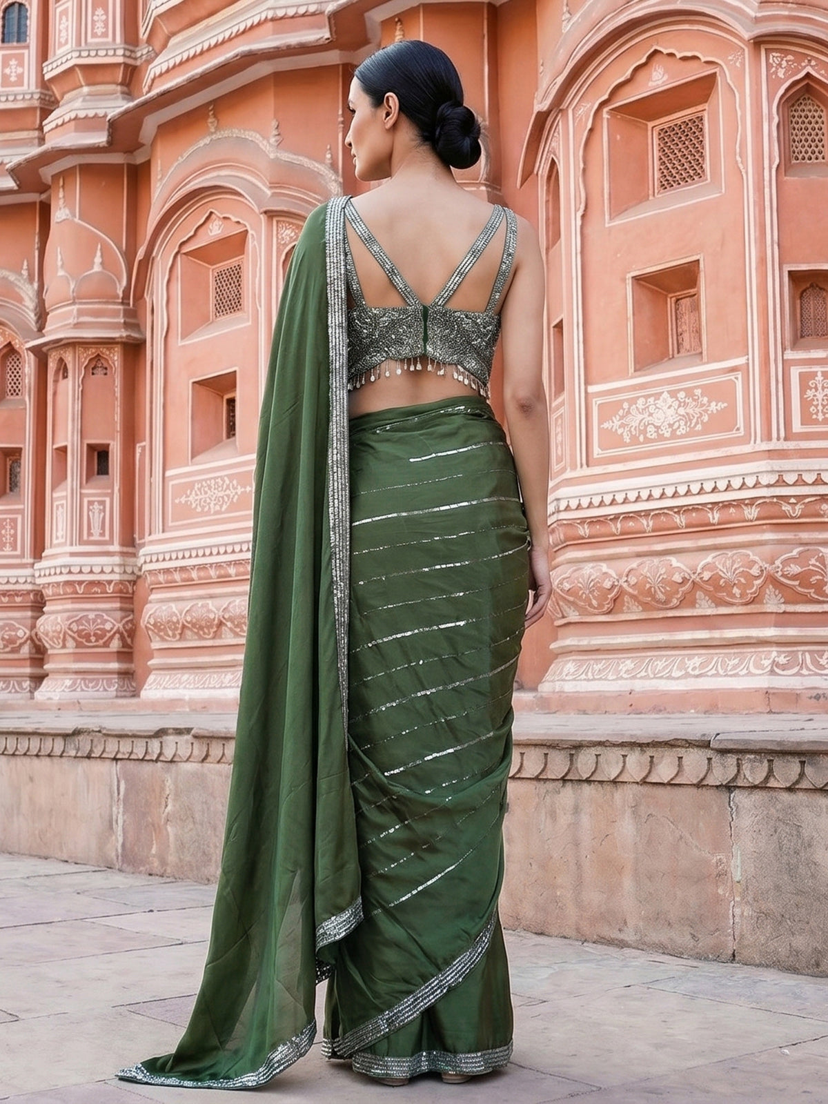 Green satin silk ready to wear saree with tassel work