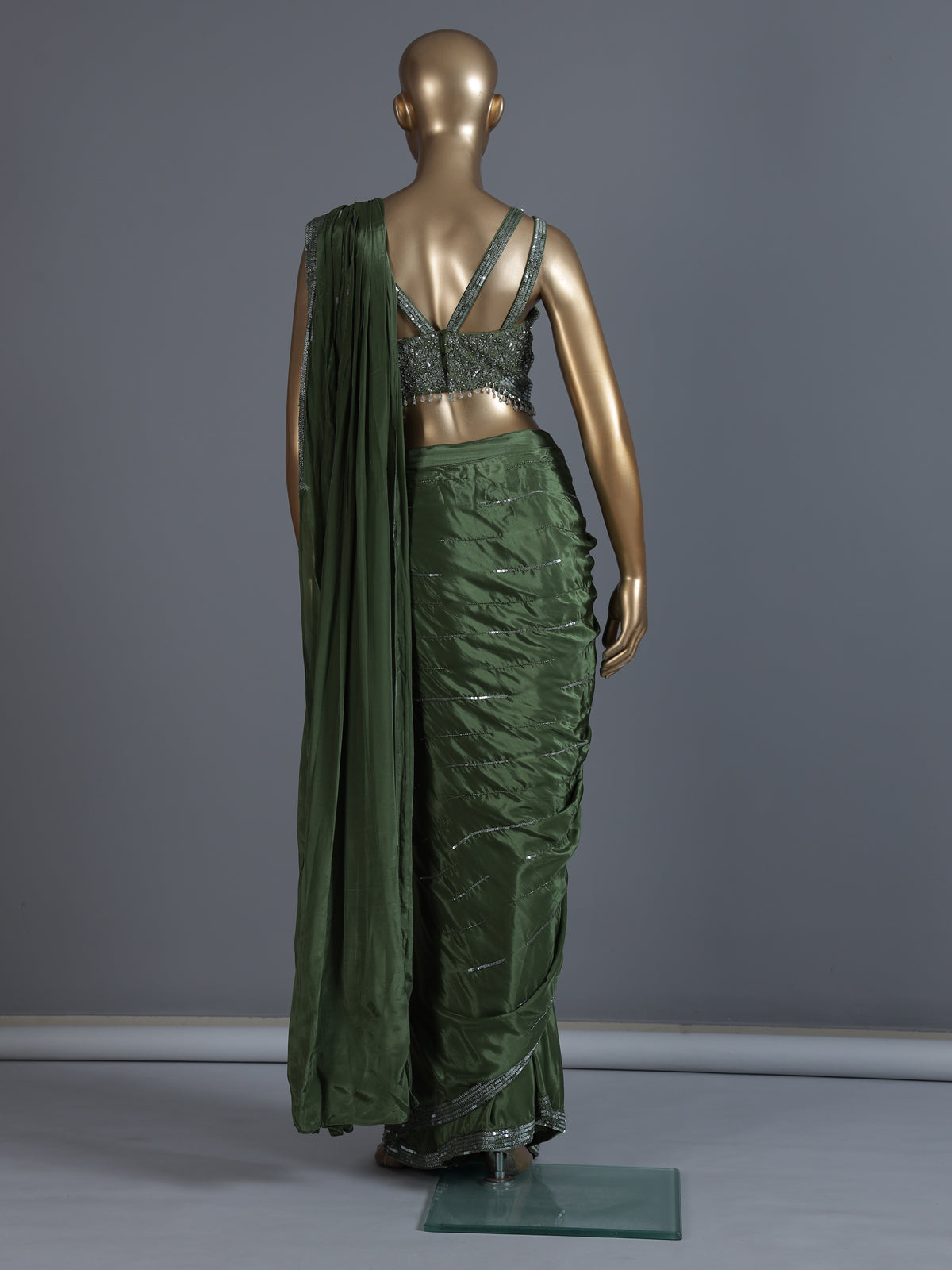 Green satin silk ready to wear saree with tassel work