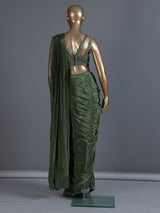 Green satin silk ready to wear saree with tassel work