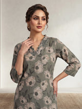 Sage green botanical cotton kurti set edit