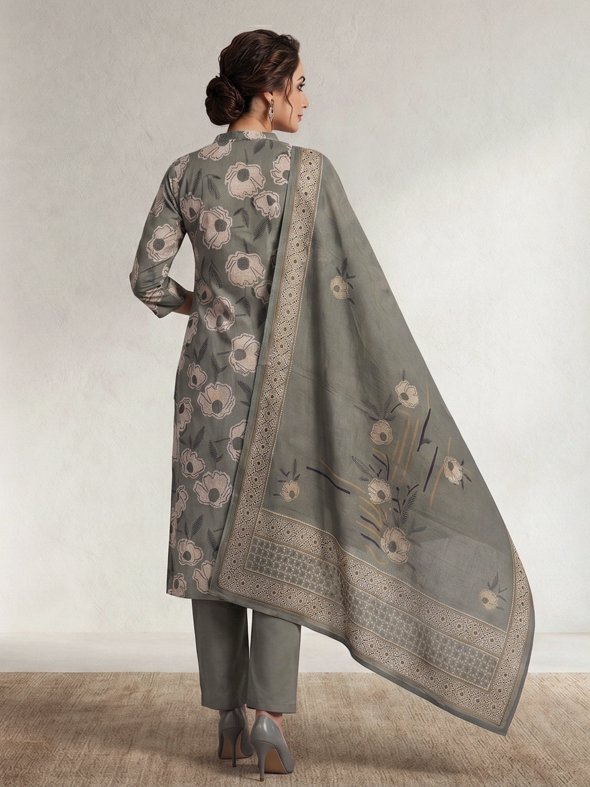 Sage green botanical cotton kurti set edit