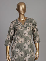 Sage green botanical cotton kurti set edit