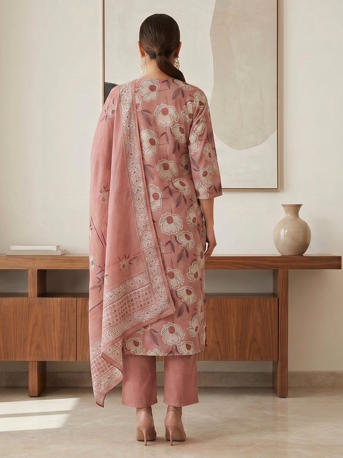 Dusty rose floral cotton kurti set ensemble