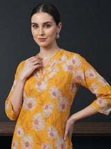 Mustard yellow botanical cotton kurti set edit