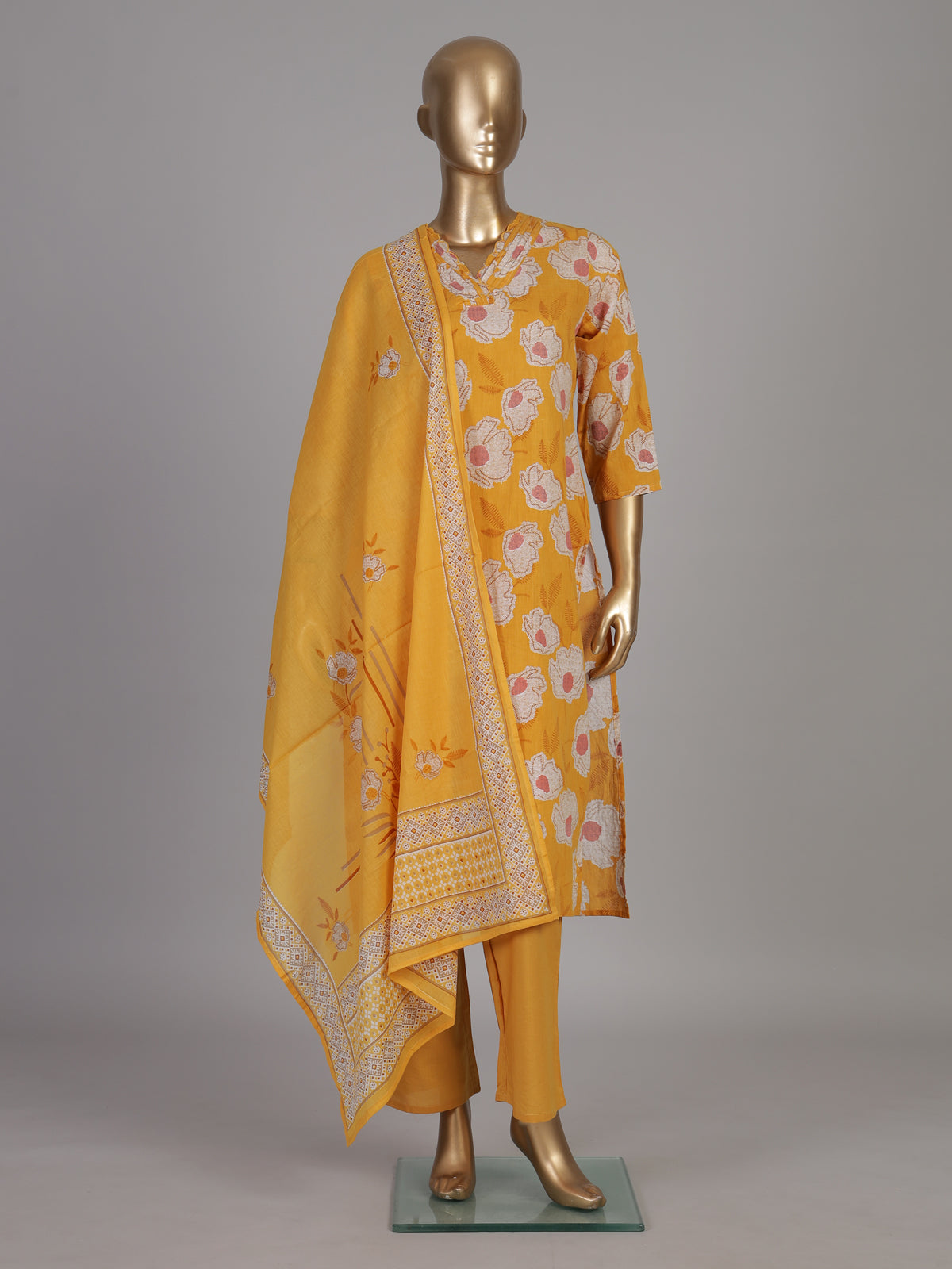 Mustard yellow botanical cotton kurti set edit