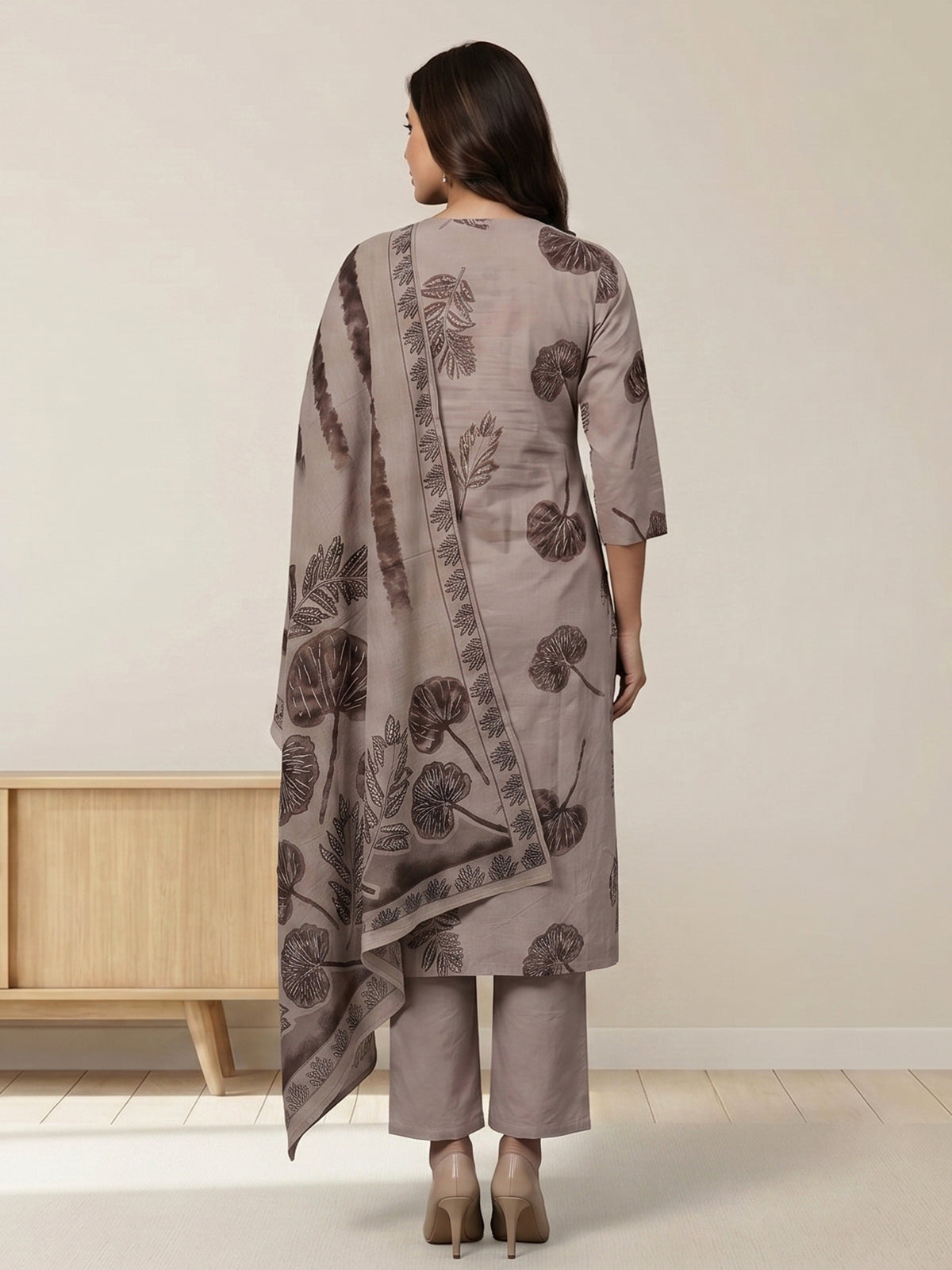 Taupe botanical printed cotton kurti set ensemble