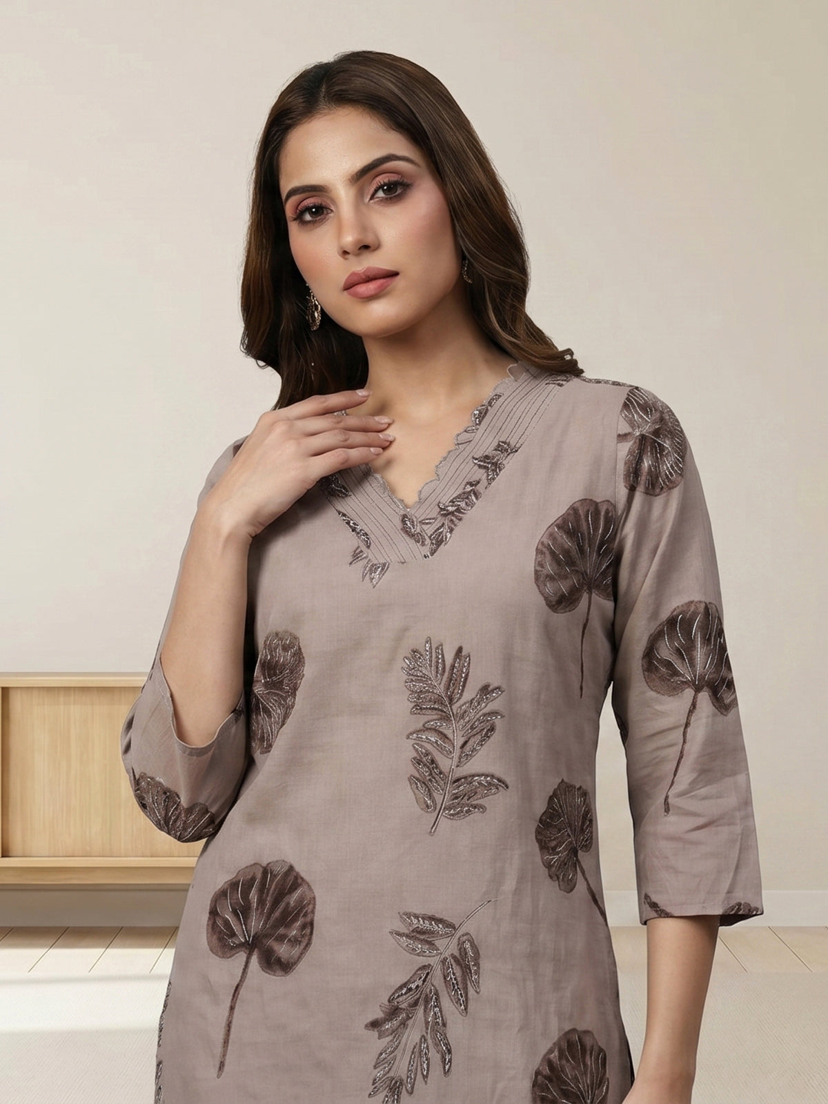 Taupe botanical printed cotton kurti set ensemble