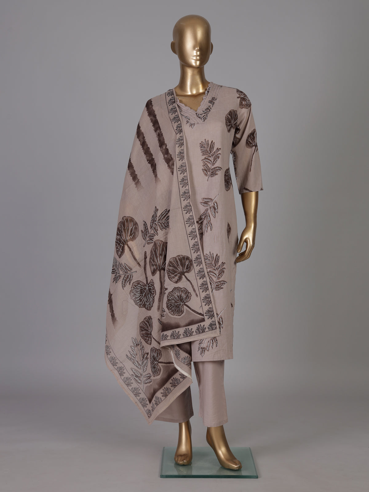 Taupe botanical printed cotton kurti set ensemble