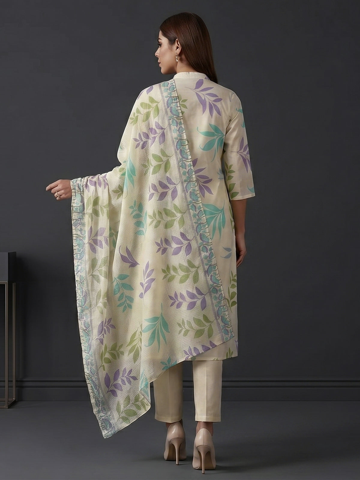 Cream smocked yoke cotton kurti set edit