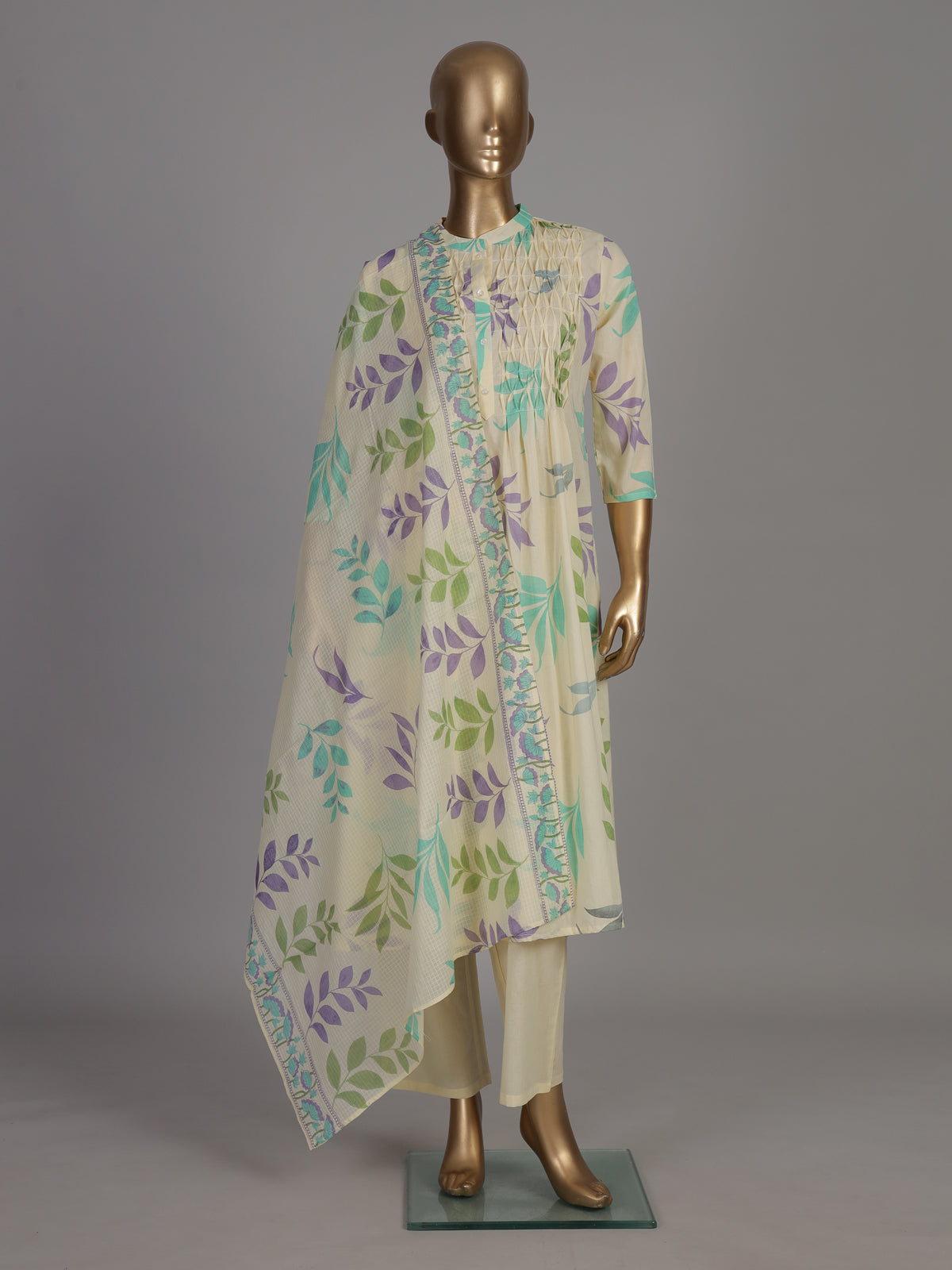 Cream smocked yoke cotton kurti set edit