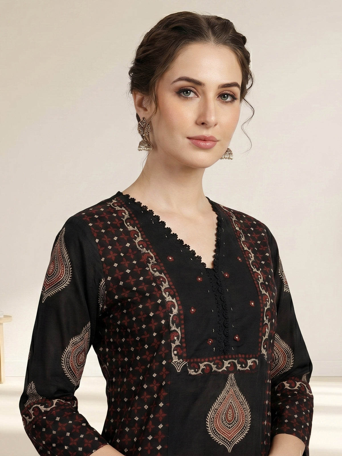 Black ajrakh printed cotton kurti set ensemble