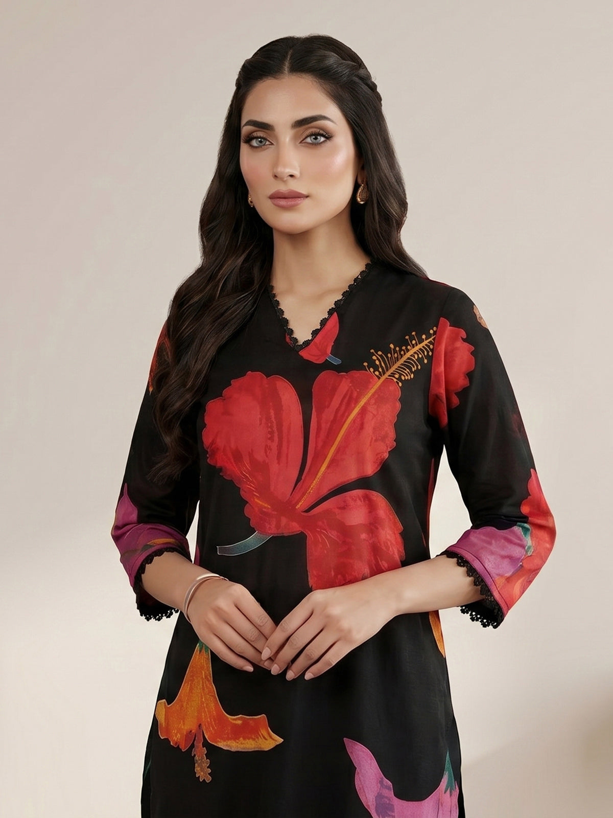 Black hibiscus floral cotton kurti set ensemble