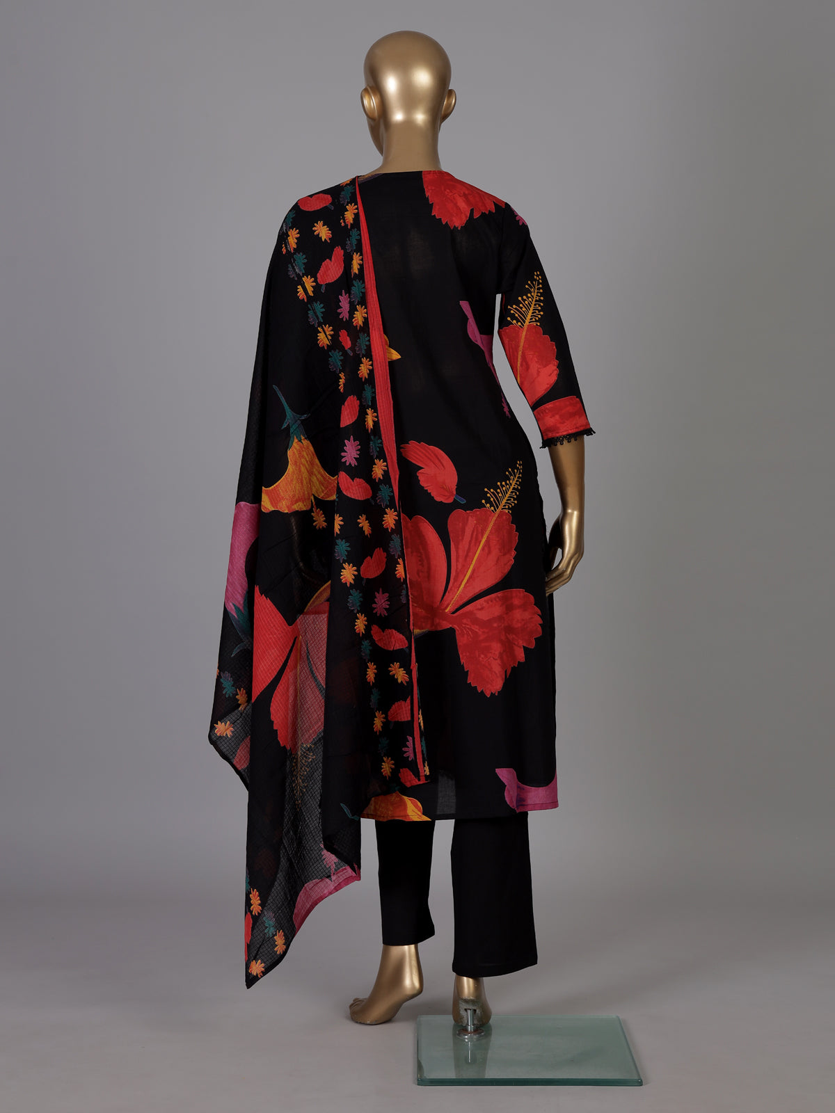 Black hibiscus floral cotton kurti set ensemble