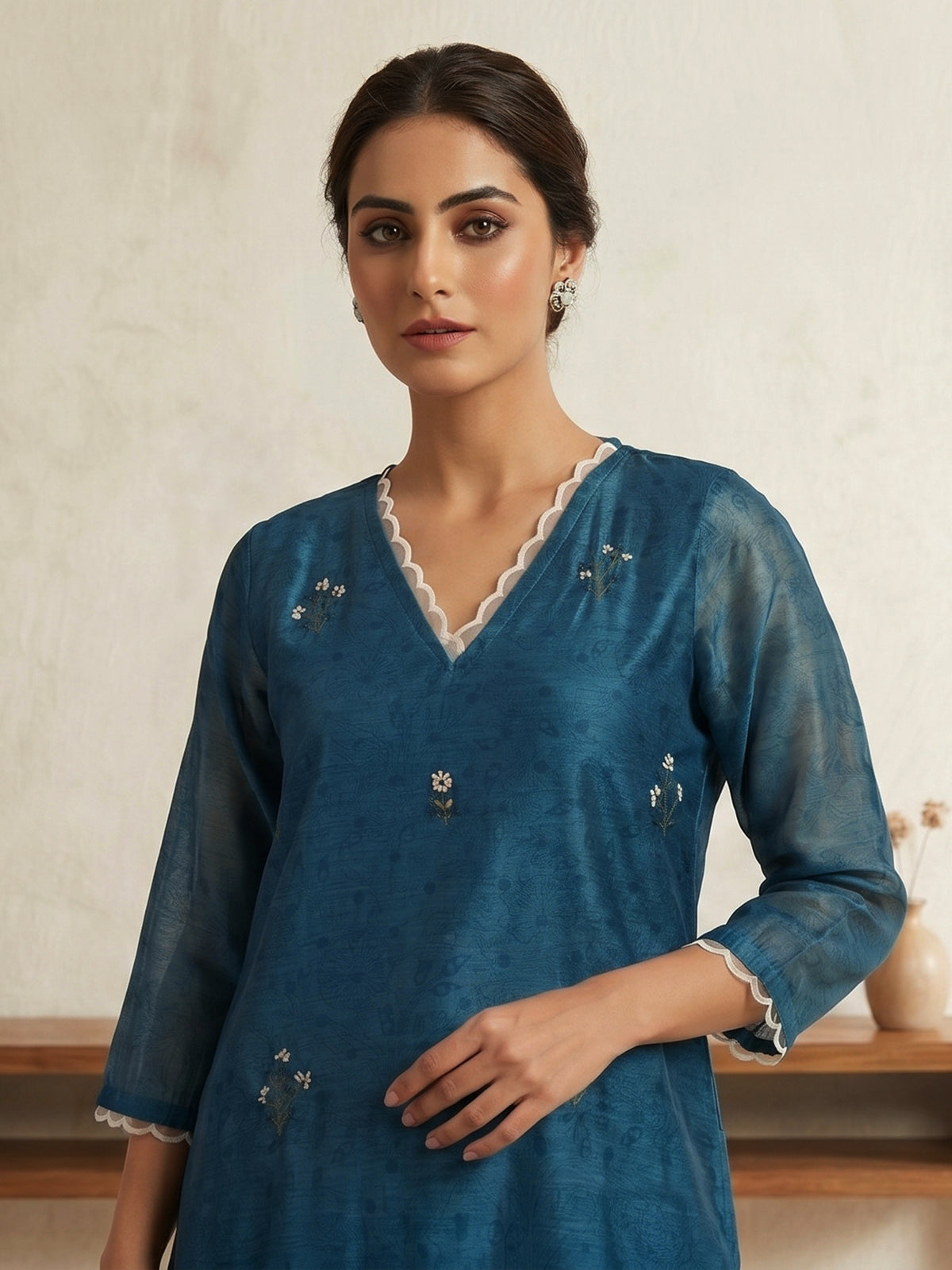 Teal blue chanderi silk kurti set edit